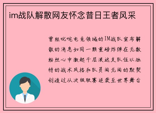 im战队解散网友怀念昔日王者风采