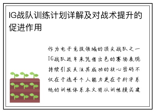 IG战队训练计划详解及对战术提升的促进作用